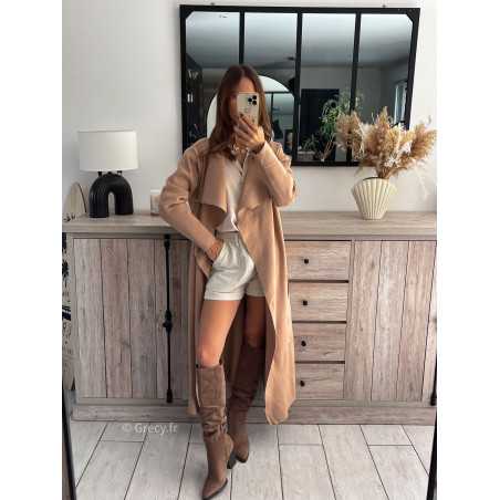 gilet long trench beige ceinturé chic grecy mode ootd tenue outfit look automne 2024