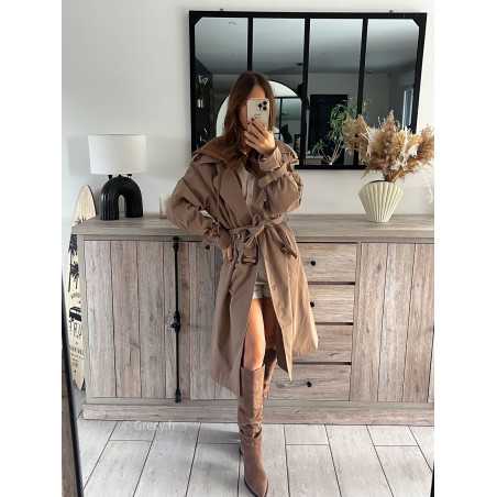 trench long taupe marron capuche ceinturé chic grecy mode ootd tenue outfit look automne 2024