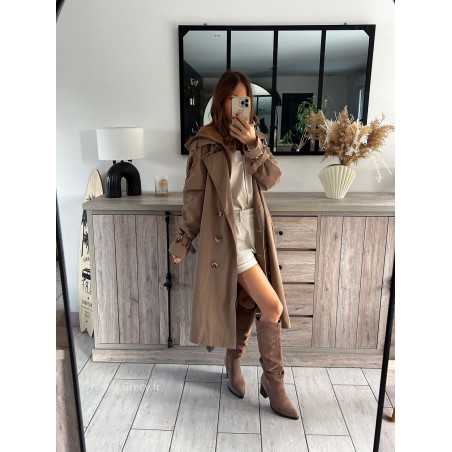 trench long taupe marron capuche ceinturé chic grecy mode ootd tenue outfit look automne 2024