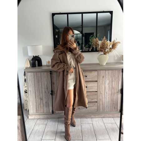 trench long taupe marron capuche ceinturé chic grecy mode ootd tenue outfit look automne 2024