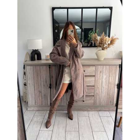 manteau long taupe marron chaud hiver ceinturé chic grecy mode ootd tenue outfit look automne 2024