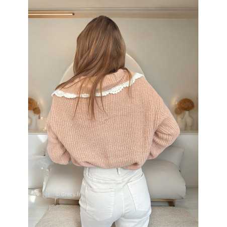 Gilet cardigan beige rosé col broderie mohair mode tendance grecy mode outfit look automne hiver