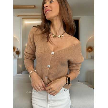 Gilet baby alpaga camel boutonné mode tendance grecy mode outfit look automne hiver