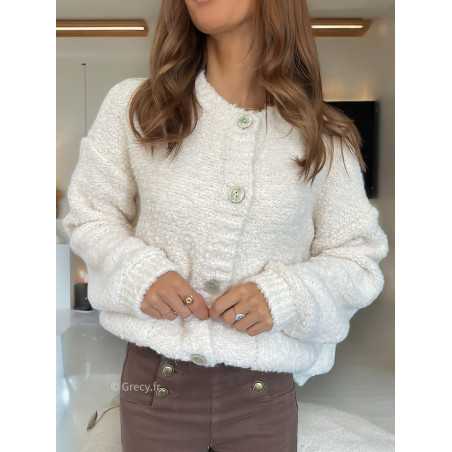 Cardigan bouclettes laine blanc boutonné mode tendance grecy mode outfit look automne hiver