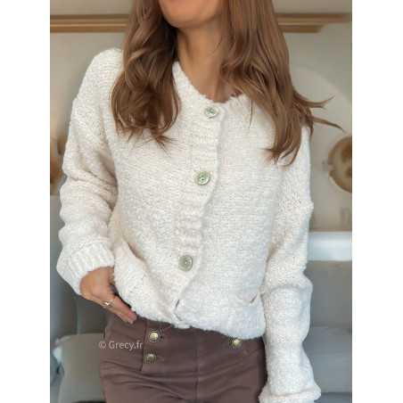 Cardigan bouclettes laine blanc boutonné mode tendance grecy mode outfit look automne hiver