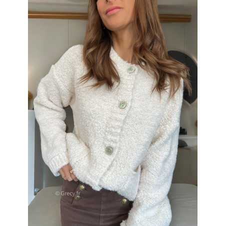 Cardigan bouclettes laine blanc boutonné mode tendance grecy mode outfit look automne hiver