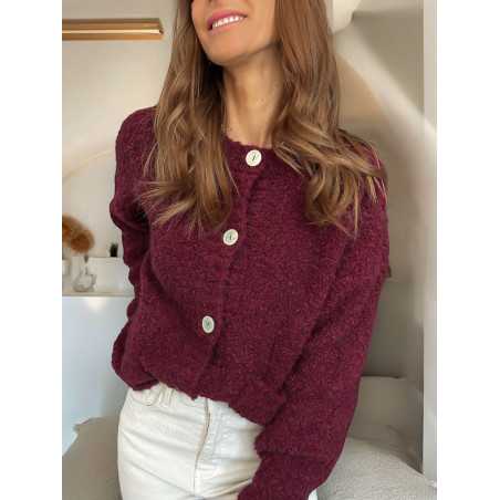 Cardigan bouclettes laine bordeaux boutonné mode tendance grecy mode outfit look automne hiver