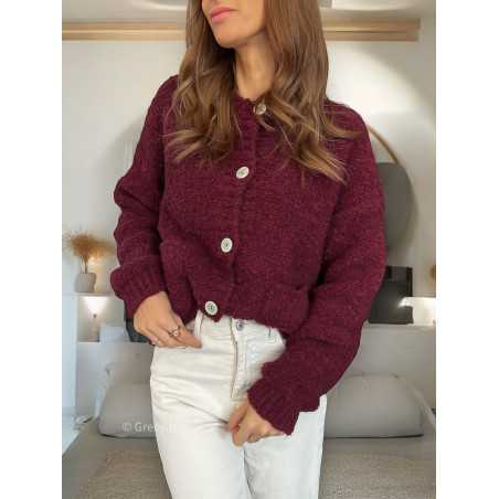 Cardigan bouclettes laine bordeaux boutonné mode tendance grecy mode outfit look automne hiver