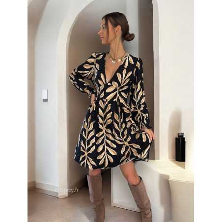 robe courte noire beige feuilles automne hiver mode grecy tendance look