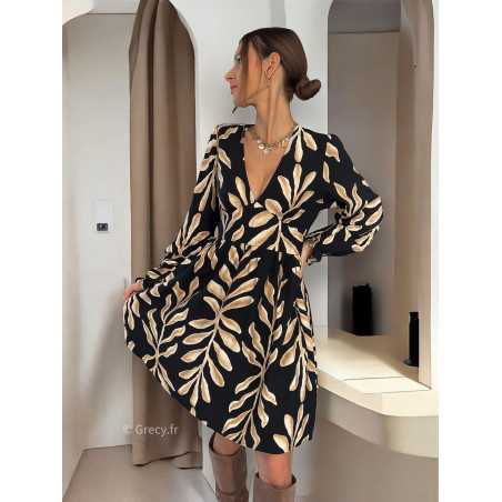 robe courte noire beige feuilles automne hiver mode grecy tendance look