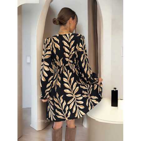 robe courte noire beige feuilles automne hiver mode grecy tendance look