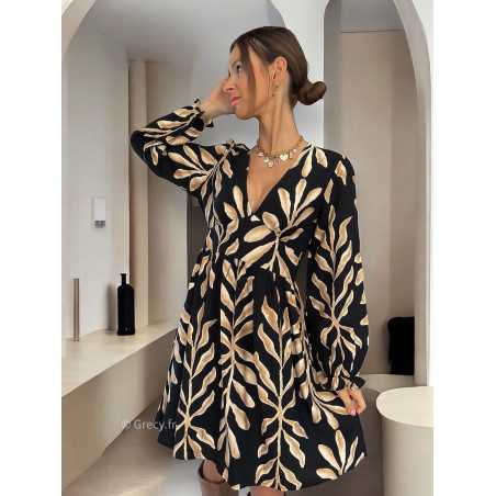 robe courte noire beige feuilles automne hiver mode grecy tendance look