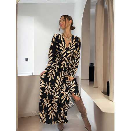 robe noire beige feuilles automne hiver mode grecy tendance look