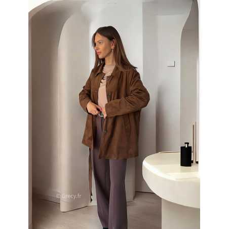 Veste suédine marron ceinturée automne hiver mode grecy tendance look