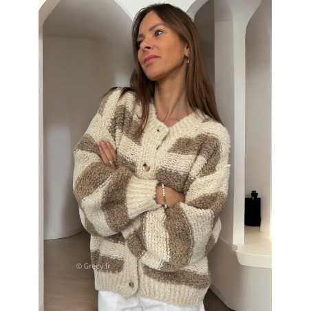 Cardigan gilet oversize rayures beige laine alpaga tendance mode grecy look automne hiver 2024