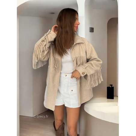 Veste laine franges beige tendance mode grecy look automne hiver 2024