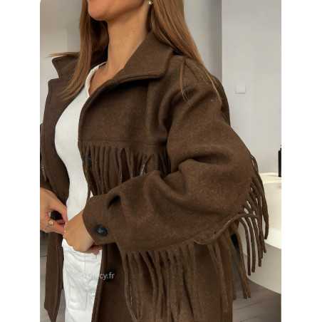 Veste laine franges marron tendance mode grecy look automne hiver 2024