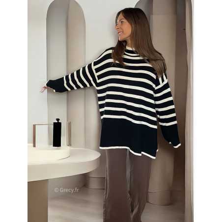 Pull oversize rayures noir grecy mode tendance automne hiver large