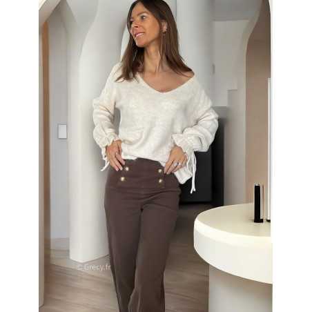 Pull beige col V manches noeuds mode grecy tendance vêtement ootd look automne hiver