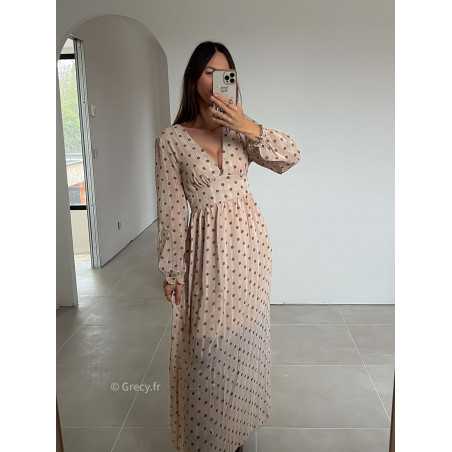 robe longue beige pois manches longues grecy mode look tendance tenue automne hiver