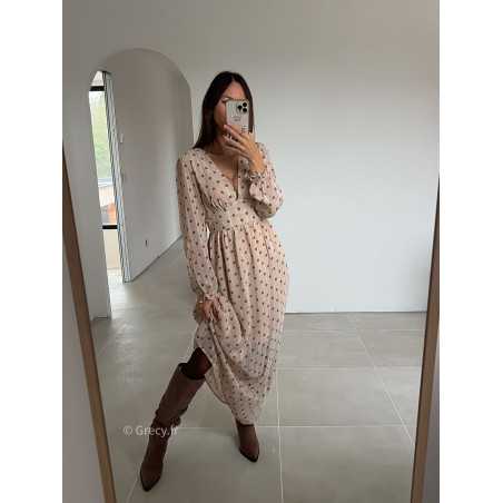 robe longue beige pois manches longues grecy mode look tendance tenue automne hiver