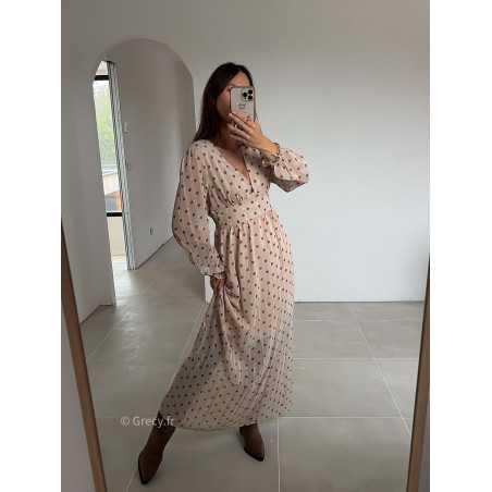 robe longue beige pois manches longues grecy mode look tendance tenue automne hiver