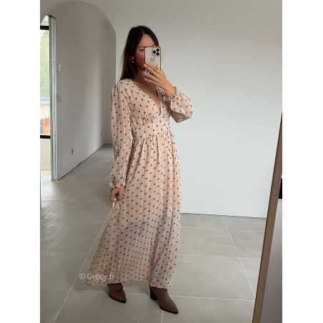 robe longue beige pois manches longues grecy mode look tendance tenue automne hiver