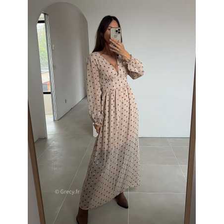 robe longue beige pois manches longues grecy mode look tendance tenue automne hiver