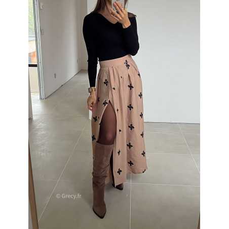 jupe longue beige broderie fendue grecy mode look tendance tenue automne hiver