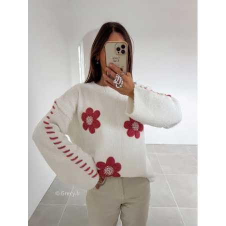 pull blanc fleuri fleurs rose grecy mode look tendance tenue automne hiver