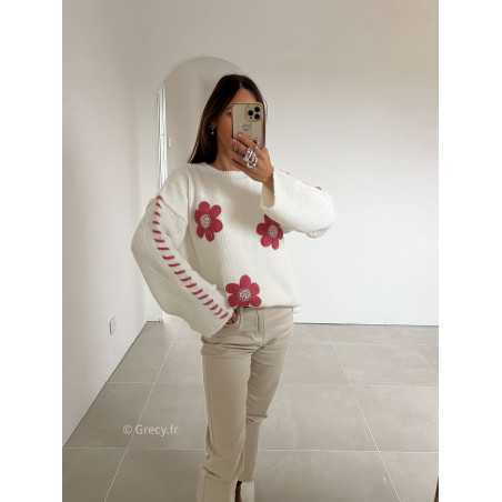 pull blanc fleuri fleurs rose grecy mode look tendance tenue automne hiver