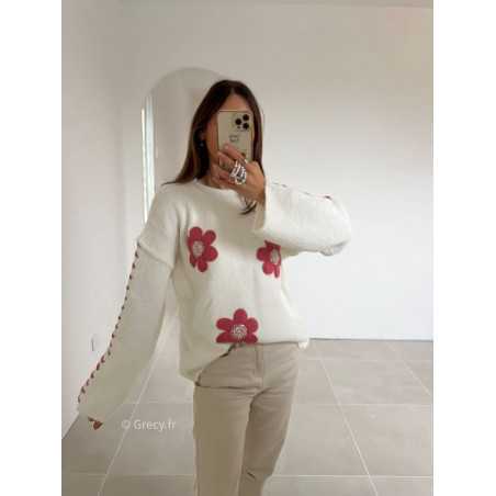 pull blanc fleuri fleurs rose grecy mode look tendance tenue automne hiver