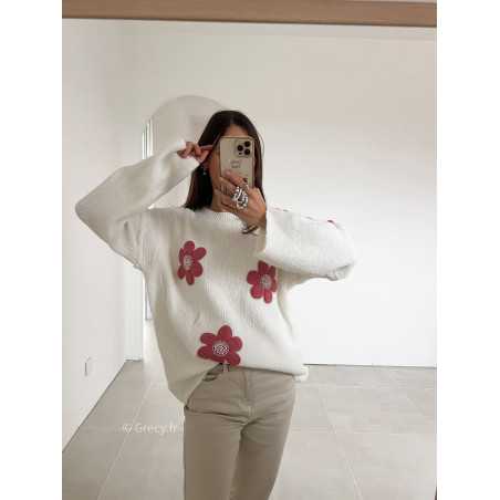 pull blanc fleuri fleurs rose grecy mode look tendance tenue automne hiver