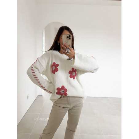 pull blanc fleuri fleurs rose grecy mode look tendance tenue automne hiver