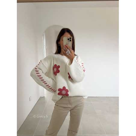 pull blanc fleuri fleurs rose grecy mode look tendance tenue automne hiver