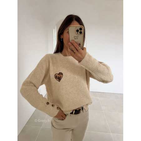 pull beige coeur leopard grecy mode look tendance tenue automne hiver