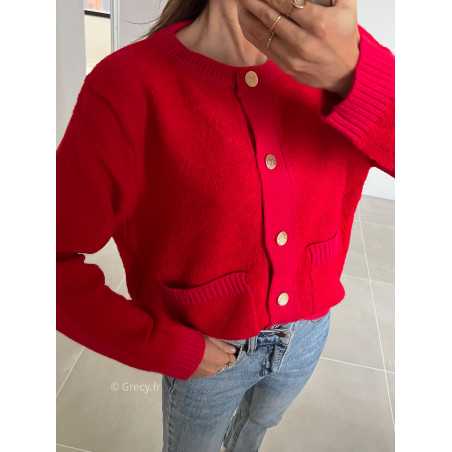 gilet cardigan rouge poches boutons or dorés grecy mode look tendance tenue automne hiver