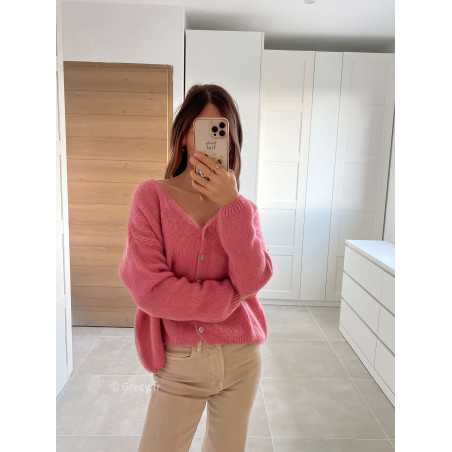 gilet cardigan vieux rose mohair maille mode tendance look grecy automne hiver 2024 2025 chaud