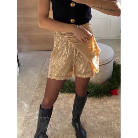 jupe short dorée or sequins pailleté noël fêtes mode tendance look grecy hiver