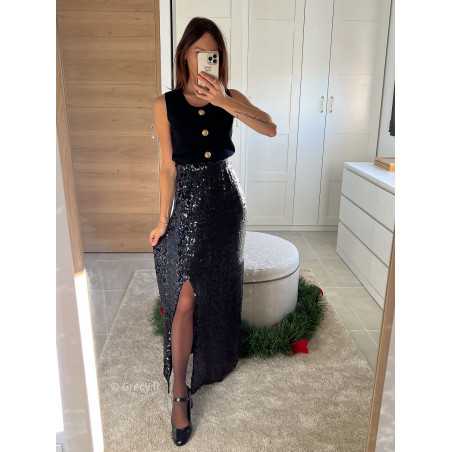 jupe longue sequins noire fendue pailleté noël fêtes mode tendance look grecy hiver