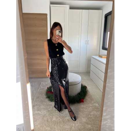 jupe longue sequins noire fendue pailleté noël fêtes mode tendance look grecy hiver