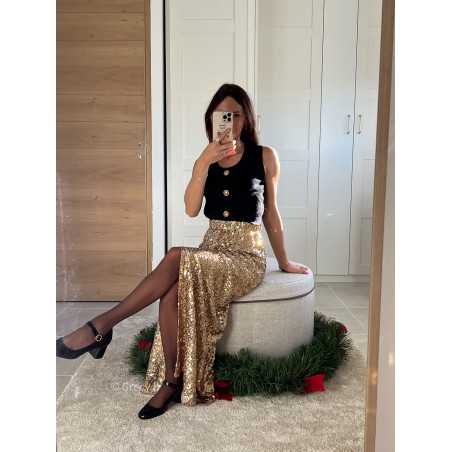 jupe longue sequins dorée fendue pailleté noël fêtes mode tendance look grecy hiver