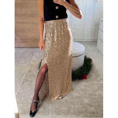 jupe longue sequins dorée fendue pailleté noël fêtes mode tendance look grecy hiver