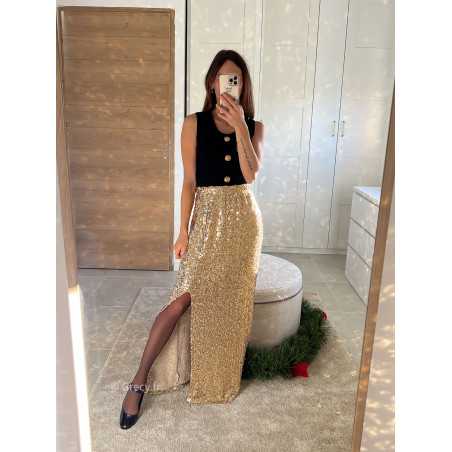 jupe longue sequins dorée fendue pailleté noël fêtes mode tendance look grecy hiver