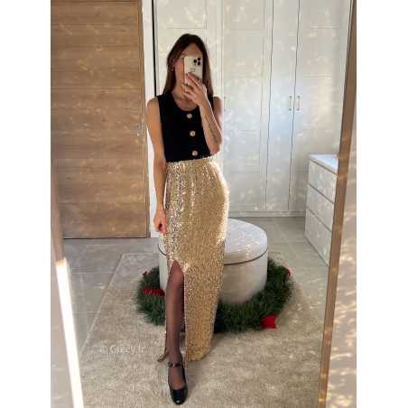 jupe longue sequins dorée fendue pailleté noël fêtes mode tendance look grecy hiver