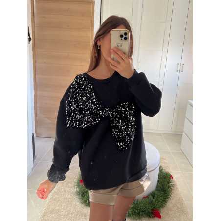 sweat noir oversize gros noeud sequins pailleté noël fêtes mode tendance look grecy hiver