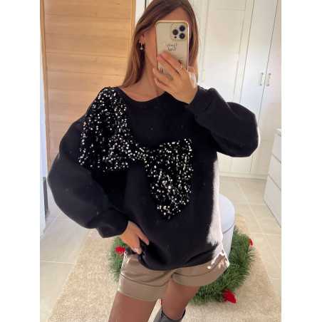 sweat noir oversize gros noeud sequins pailleté noël fêtes mode tendance look grecy hiver