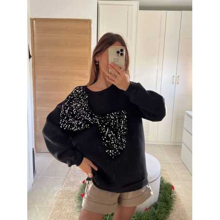 sweat noir oversize gros noeud sequins pailleté noël fêtes mode tendance look grecy hiver