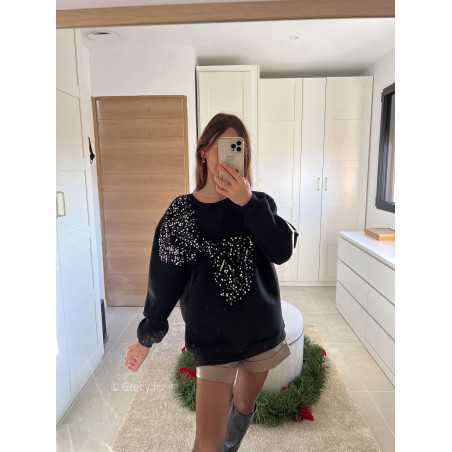 sweat noir oversize gros noeud sequins pailleté noël fêtes mode tendance look grecy hiver