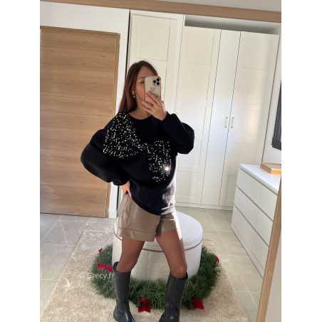 sweat noir oversize gros noeud sequins pailleté noël fêtes mode tendance look grecy hiver